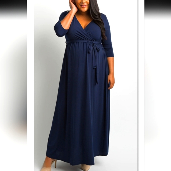 Womens 3X Elegant Navy Blue 3/4 Sleeve Stretchy Belted Minimalist Maxi Dress - Picture 1 of 7